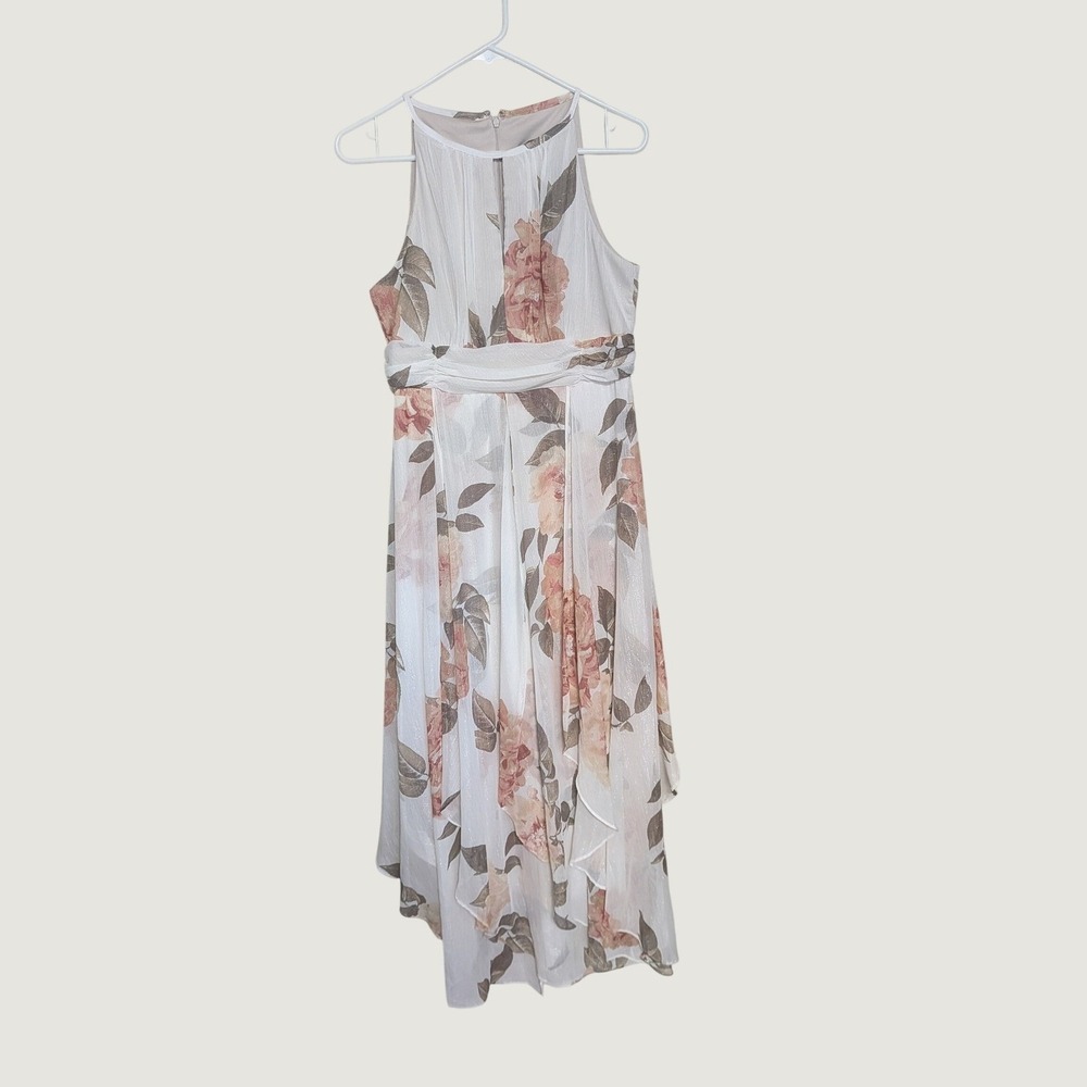 R&M Richards Fairy Floral High Neck Dress White Pink Metallic Shimmer Size 8